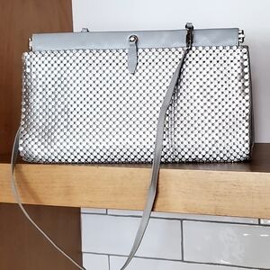 Whiting & Davis Co Vtg. Silver Metal Mesh+Gray Leather Shoulder/Clutch Bag, EUC